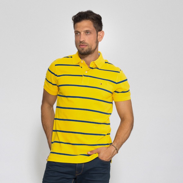 חולצת פולו טומי הילפיגר צהוב פסים כחולים- Custom fit