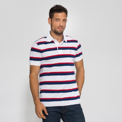 חולצת פולו טומי הילפיגר לבן פסים אדום/כחול - Custom fit