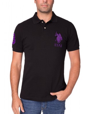 חולצת פולו יו אס פולו שחור לוגו סגול סוס גדול - Classic fit